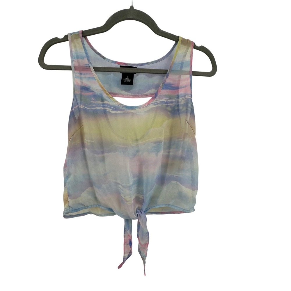Wet Seal Y2K Top Women S Multicolor Tie‎ Front Crop Sheer Watercolor Festival